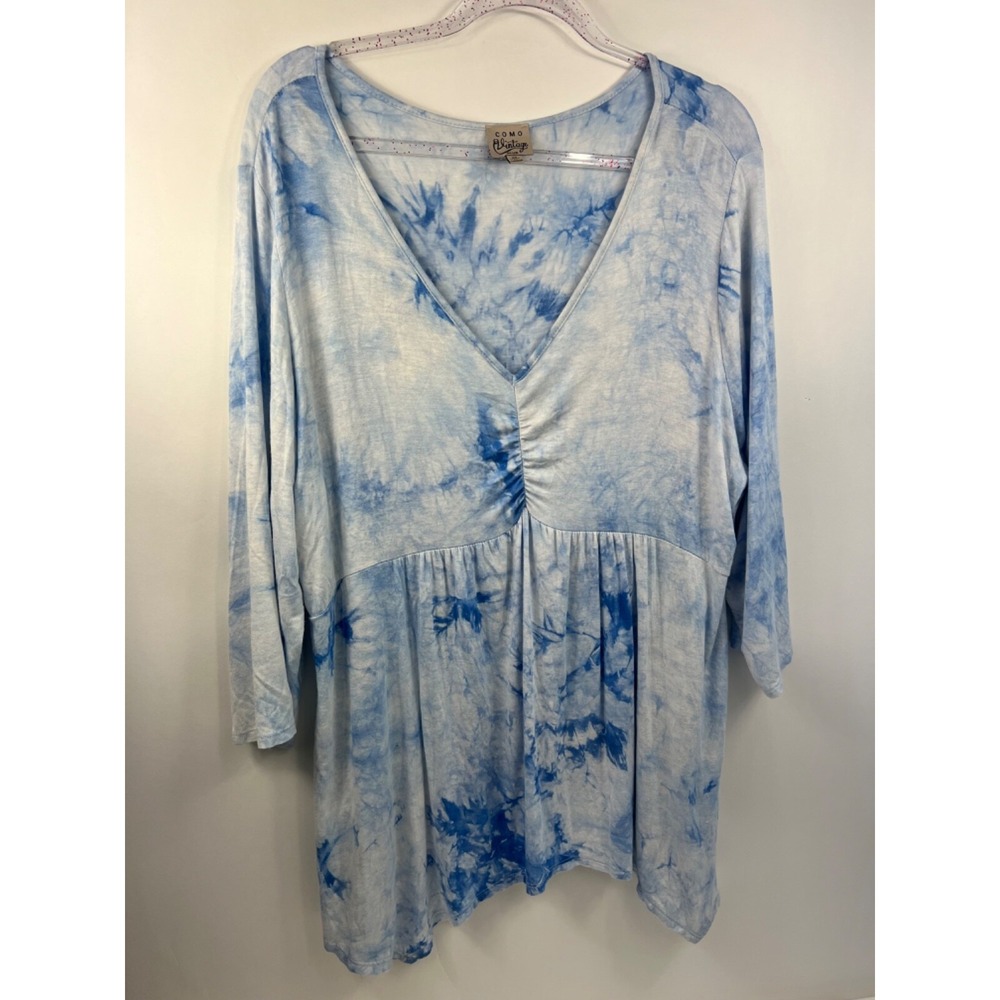 Como Vintage Blue and White Tie Dye‎ Blouse 3/4 Sleeves Womens Size 2X Plus